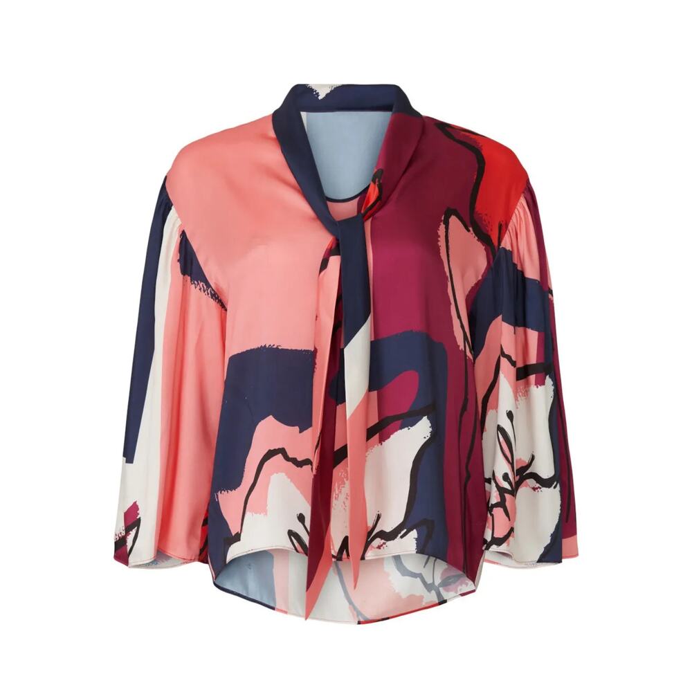 Tanya Taylor Avril Top Floral Satin Polyester Neck Tie Blouse